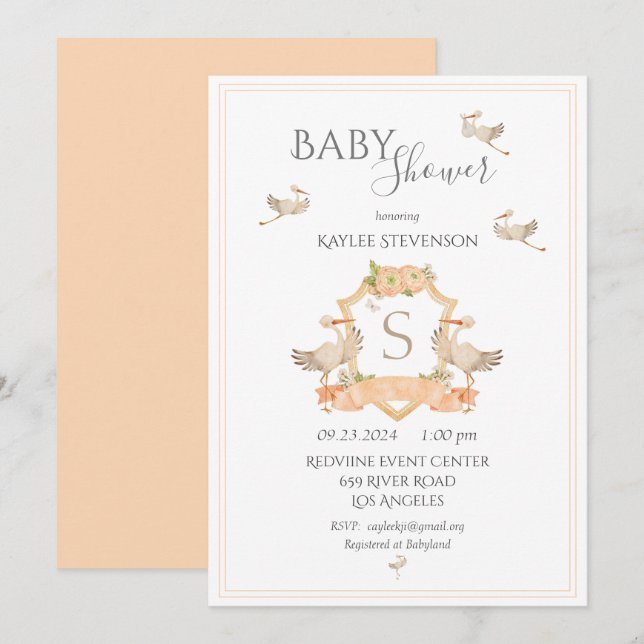 Monogram Peach Vapensköld Baby Shower-inbjudan Inbjudningar (Fram/baksida)