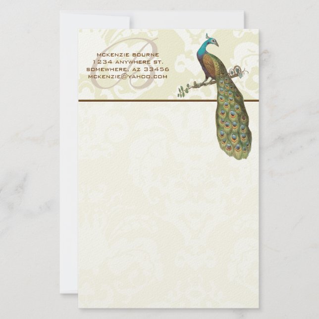 Monogram Peacock Gren Stationery Brevpapper (Framsida)