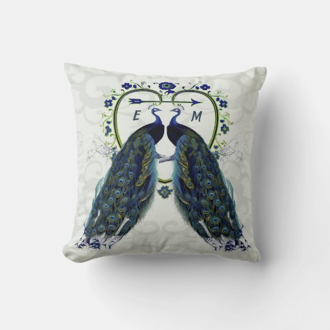 Monogram PEACOCK HJÄRTA Bröllop årsdag Anpassad Kudde (Framsida)
