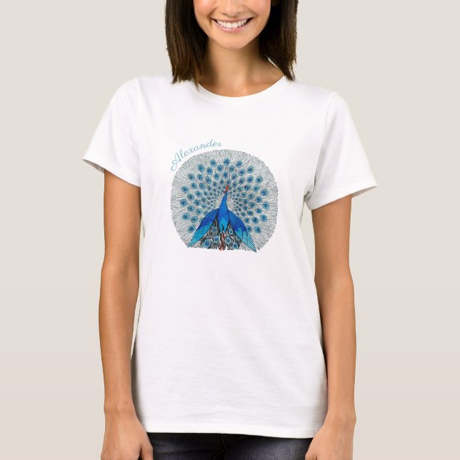 Monogram Peacock Teal Blue och White Monogram T Shirt (Framsida)