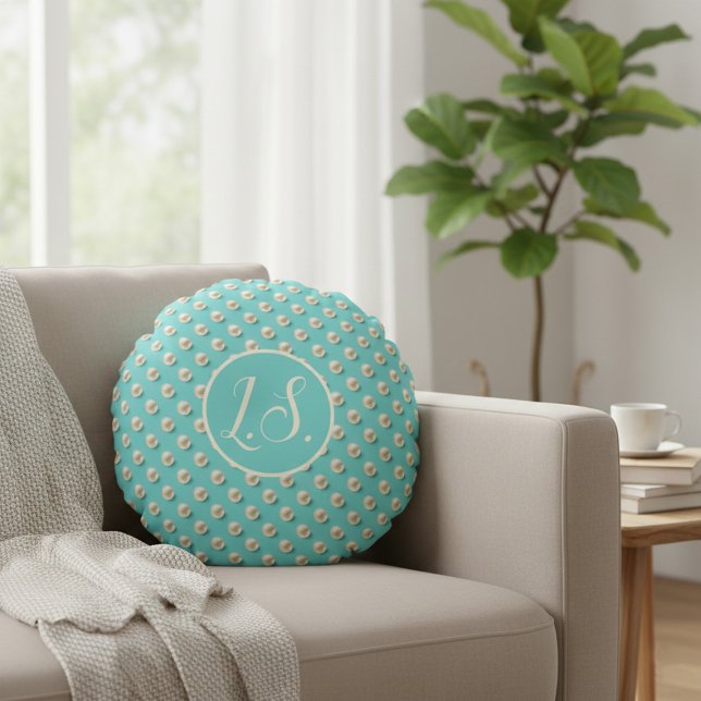 Monogram Pearl & Turquoise Round Pillow Rund Kudde (Skapare uppladdad)