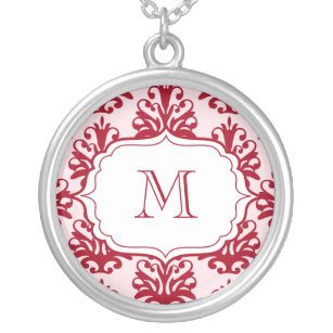 Monogram Pendant Initialer Necklace Red Damask Silverpläterat Halsband