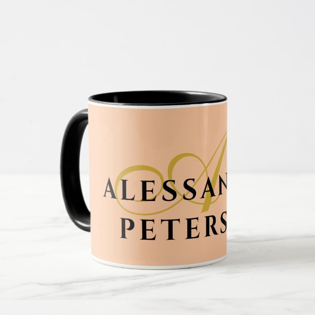 Monogram Persika Guld Svart Namn Minimalistisk Sti Mugg (Framsida vänster)