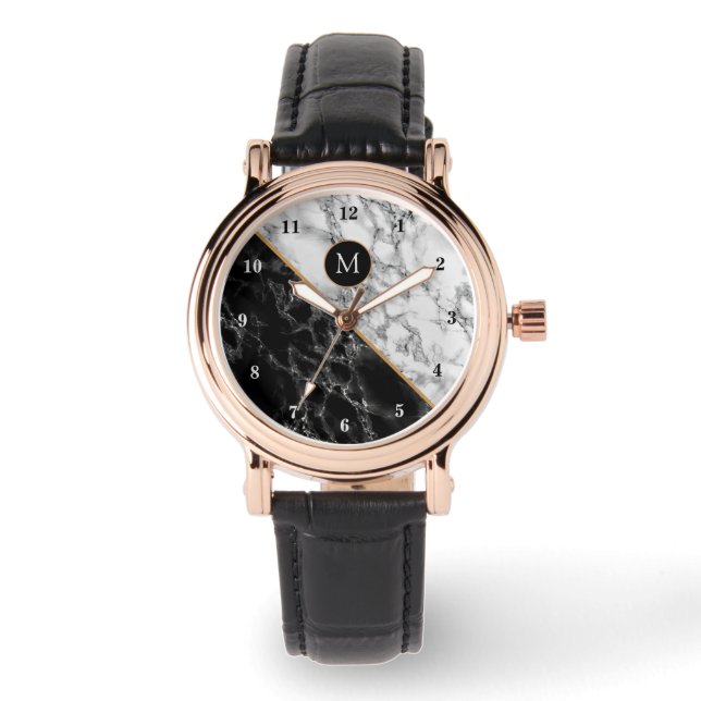 Monogram Personal Watch Black White Marble Armbandsur (Framsida)