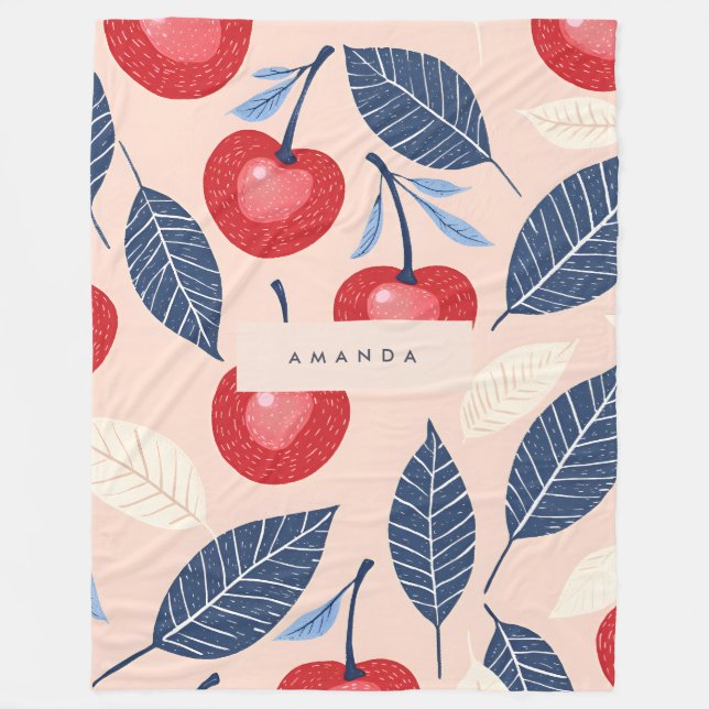 Monogram Personlig Cherry och Löv Mönster Fleecefilt (Framsidan)
