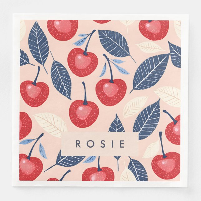Monogram Personlig Cherry och Löv Mönster Pappersservett (Framsida)