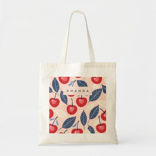 Monogram Personlig Cherry och Löv Mönster Tygkasse (Framsidan)