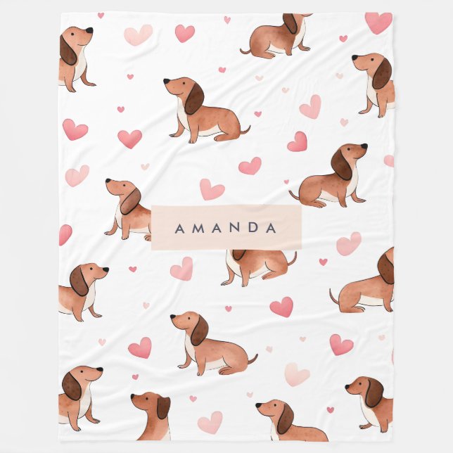 Monogram Personlig Cute Dachshund Hund Fleecefilt (Framsidan)