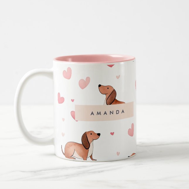 Monogram Personlig Cute Dachshund Hund Två-Tonad Mugg (Vänster)