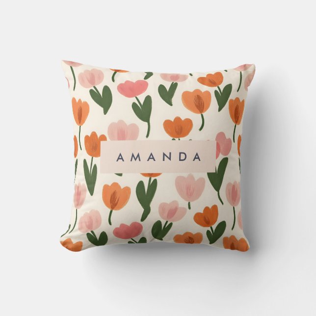 Monogram Personlig Cute Vår Tulip Mönster Kudde (Framsida)