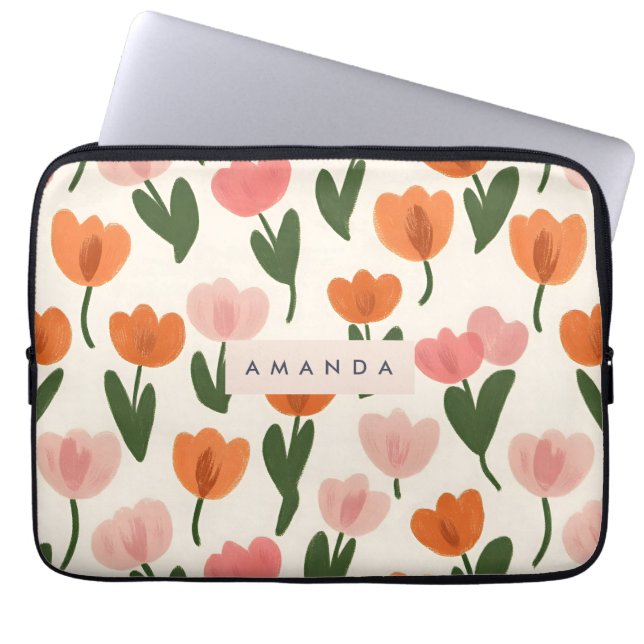 Monogram Personlig Cute Vår Tulip Mönster Laptop Fodral (Framsidan)