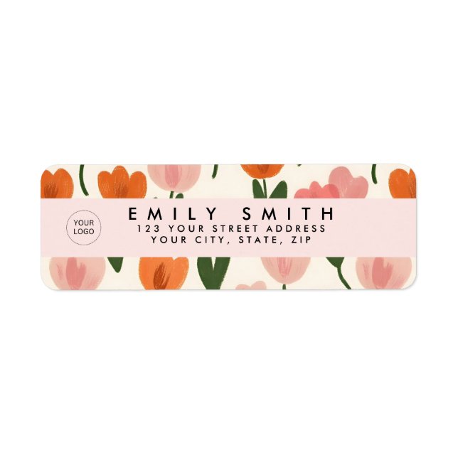 Monogram Personlig Cute Vår Tulip Mönster Returadress Etikett (Framsidan)