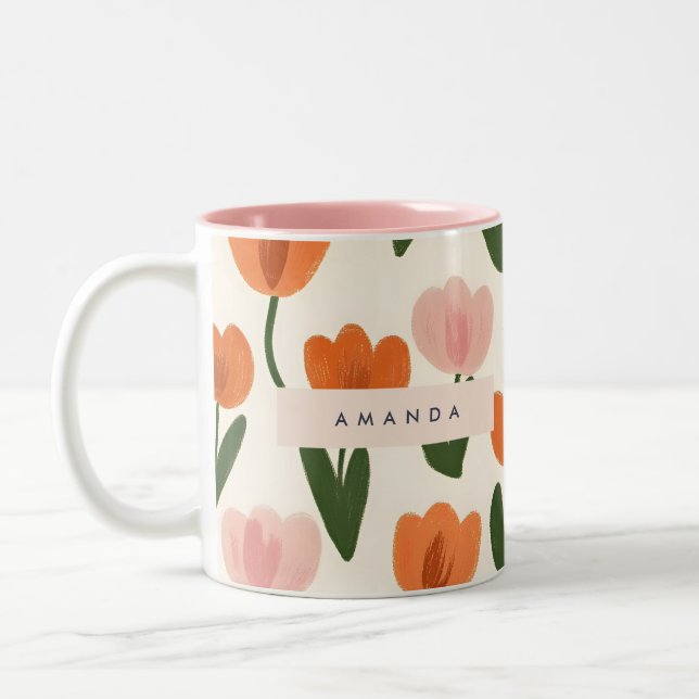 Monogram Personlig Cute Vår Tulip Mönster Två-Tonad Mugg (Vänster)
