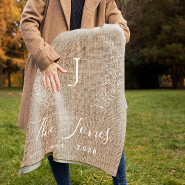 Monogram personlig-familjen namn rustic jute fleecefilt
