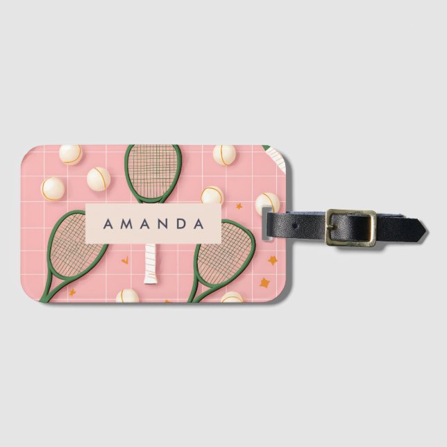 Monogram Personlig Retro Tennis Racket Mönster Bagagebricka (Framsida horisontal)