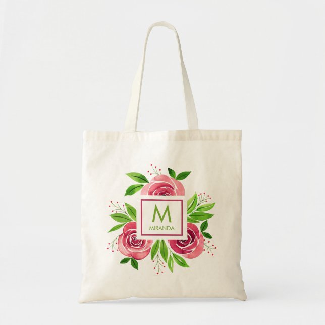 Monogram Personlig Rosa Blommigt Tygkasse (Framsidan)