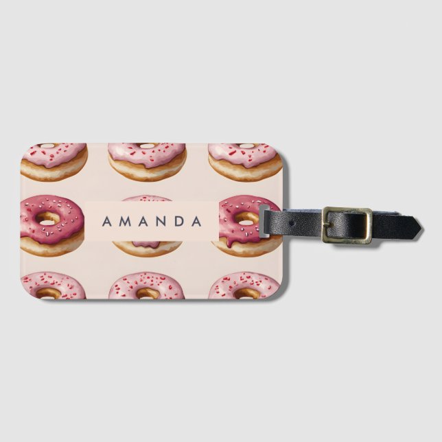 Monogram Personlig Rosa Donut Mönster Bagagebricka (Framsida horisontal)