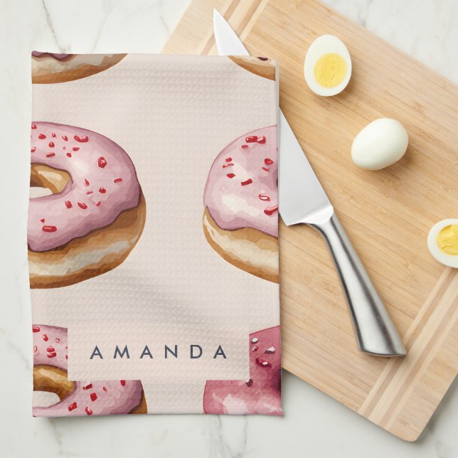 Monogram Personlig Rosa Donut Mönster Kökshandduk (Vikt i Fjärdedel)