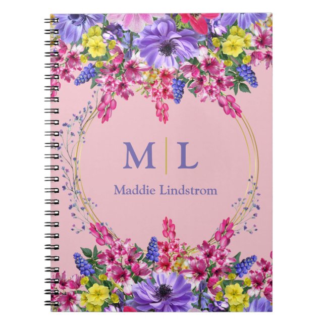Monogram Personlig Rosa Flerfärgad Blommig Anpassa Anteckningsbok (Framsidan)