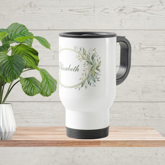 Monogram Personlig Sage Grönt Botanical Resemugg (Monogram Personalized Sage Green Botanical Greenery Travel Mug. Gift for her, Bridesmaid)