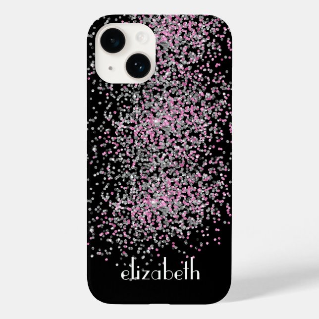 Monogram Personlig Svart Rosa Silver Glitter  (Baksida)