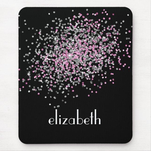 Monogram Personlig Svart Rosa Silver Glitter Musmatta (Framsidan)