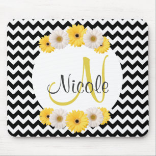 Monogram Personlig svartvit Daisy av chevron Musmatta