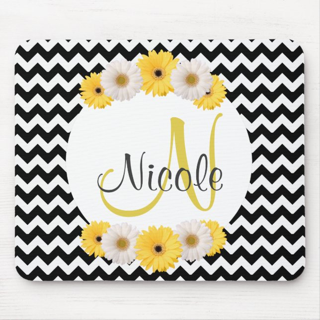 Monogram Personlig svartvit Daisy av chevron Musmatta (Framsidan)