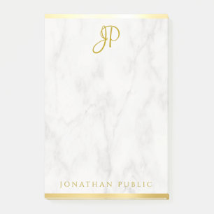 Monogram Personlig Template White Marble Guld Post-it Block