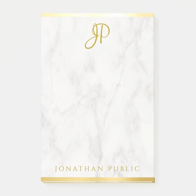 Monogram Personlig Template White Marble Guld Post-it Block (Framsida)