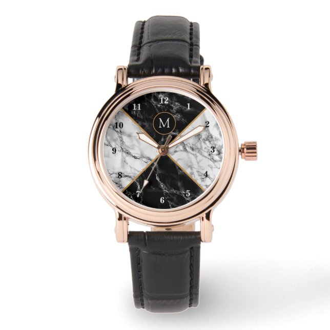 Monogram Personlig Watch Black White Marble Armbandsur (Framsida)