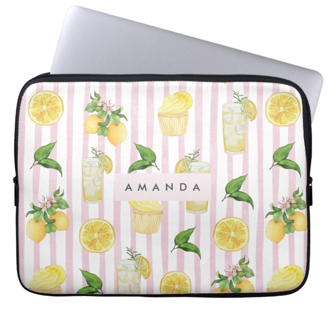 Monogram Personlig Watercolor Lemons Lemonade Laptop Fodral (Framsidan)