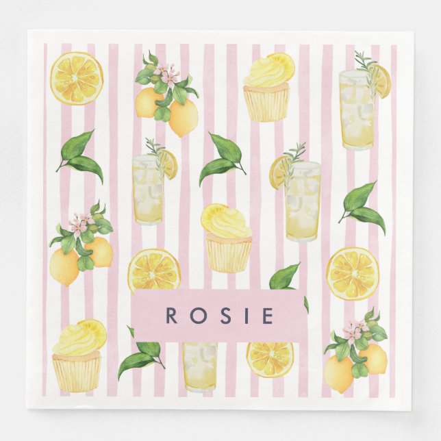 Monogram Personlig Watercolor Lemons Lemonade Pappersservett (Framsida)