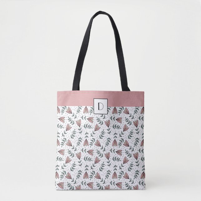 Monogram Personligt Rosa Blommig Blommor Mönster Tygkasse (Framsida)