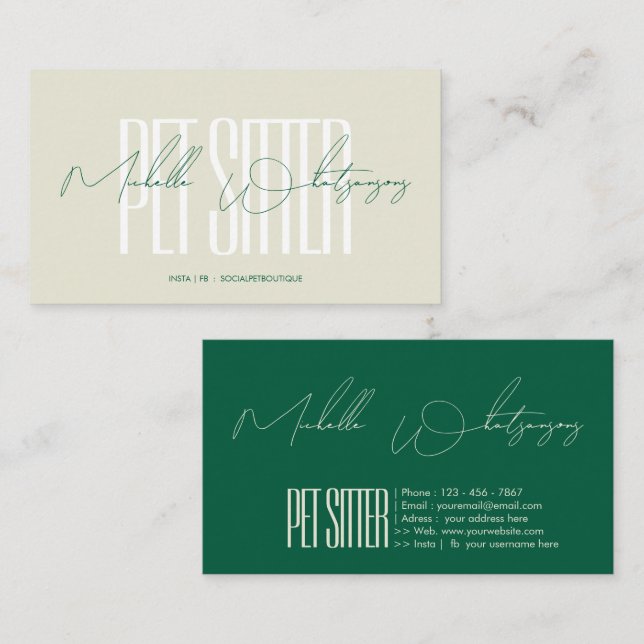 Monogram PET SITTER modern skrift Visitkort (Fram/baksida)