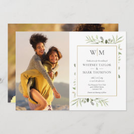 Monogram Photo Botanical Greenery Bröllop Inbjudningar