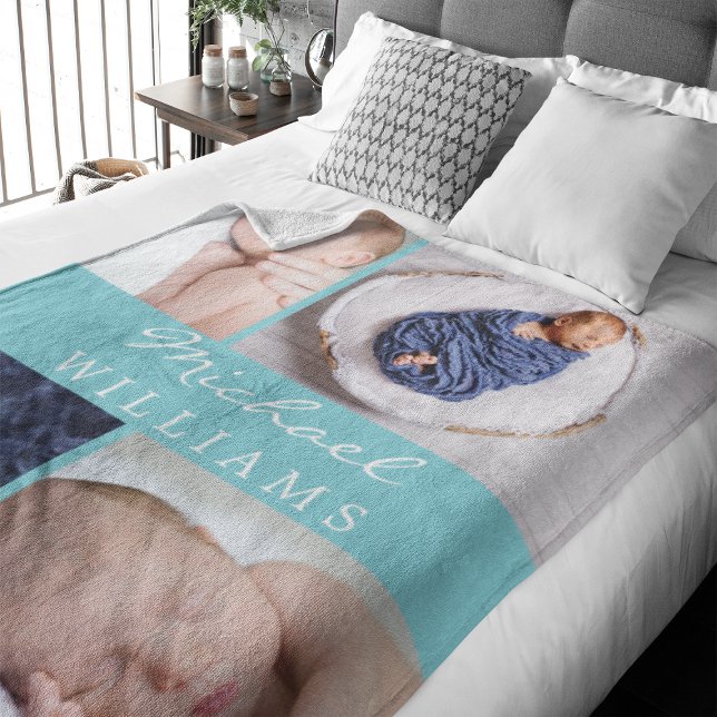 Monogram Photo Collage Aqua Blue Newborn Baby Fleecefilt (Celebrate your newborn with this photo collage blanket that features a spot in the middle for a name)