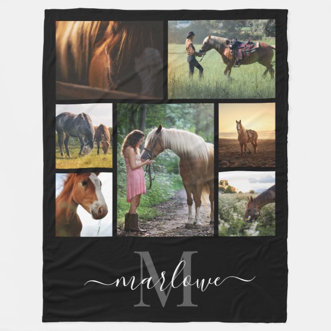 Monogram Photo Collage Black White Namn Fleecefilt (Framsidan)