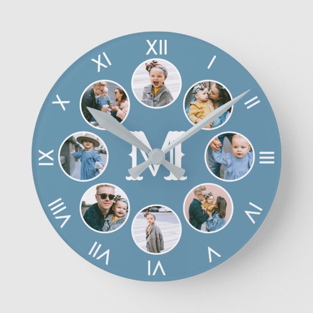 Monogram Photo Collage Roman Numbers Blue Rund Klocka (Framsida)