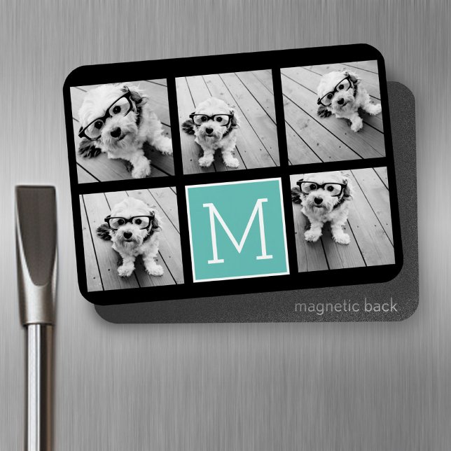 Monogram Photo Collage - Upp till 5 foton svart Magnet (Personalized fridge magnet - add photos and custom text)