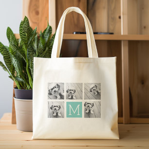 Monogram Photo Collage - Upp till 5 foton Teal Tygkasse