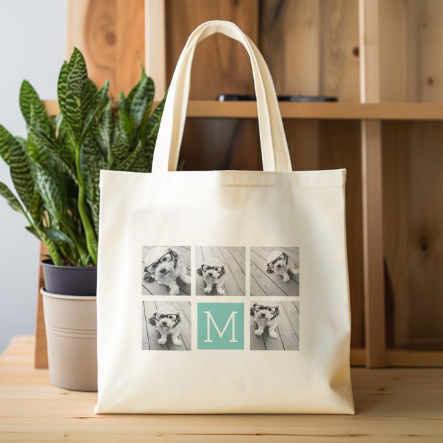 Monogram Photo Collage - Upp till 5 foton Teal Tygkasse (Personalized tote bag with photos and custom text)