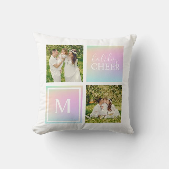 Monogram Photo Jul Helgdag Cheer Iridescent Kudde (Framsida)