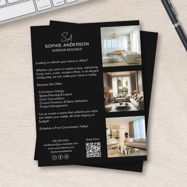 Monogram Photo QR Black Professionell Business Reklamblad (Monogram Photo QR Black Professional Business Flyer)