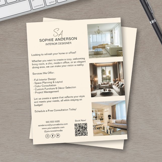 Monogram Photo QR Cream Professionell Business Reklamblad (Monogram Photo QR Cream Professional Business Flyer)