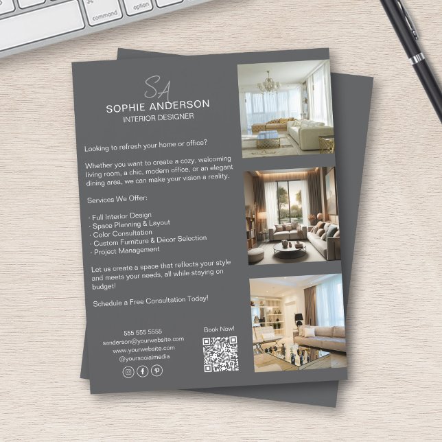 Monogram Photo QR Grått Professionell Business Reklamblad (Monogram Photo QR Grey Professional Business Flyer)