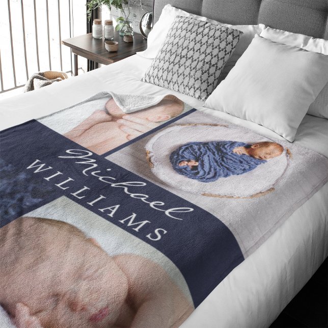 Monogram Photos Collage Navy Blue Newborn Baby Fleecefilt (Celebrate your new addition with this 4 photos monogrammed fleece blanket.)