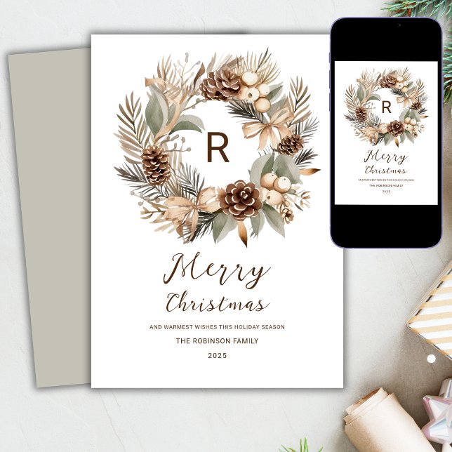 Monogram Pinecone Winter and God jul Julkort (Skapare uppladdad)