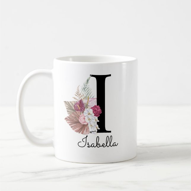 Monogram Pink Boho Girly Floral Initial I Kaffemugg (Vänster)