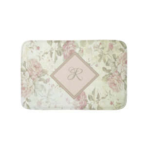 Monogram Pink Grön Blommig Shabby Chic Rosa Ros Badrumsmatta